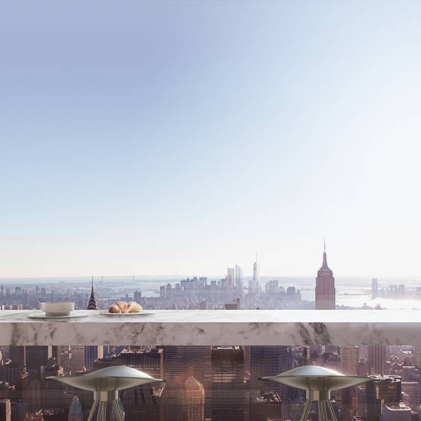 Café da manhã sobre a bancada de mármore italiano: vista panorâmica até o Oceano Atlântico