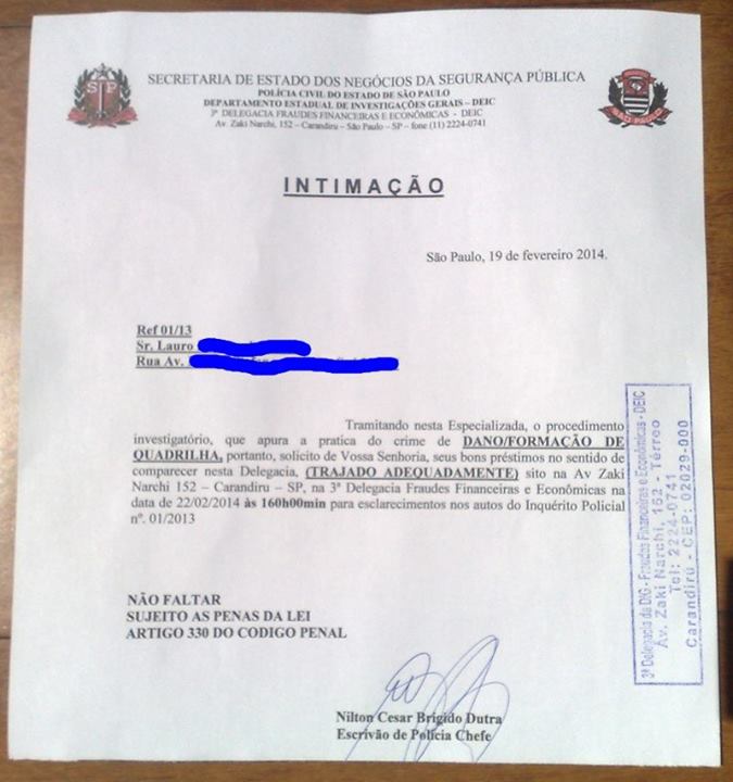 Intimação - Protestos - Contra a Copa