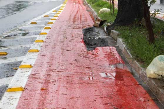 Ciclofaixa na Avenida Antônio Estevão de Carvalho com superfície irregular e obstruída pela raiz de árvore