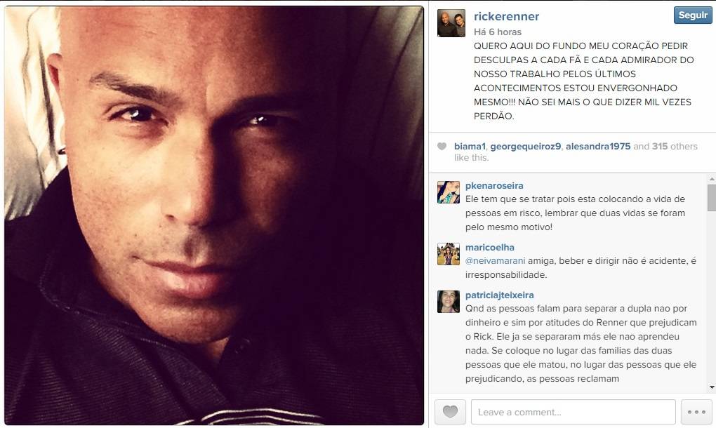 Rick desabafa no Instagram sobre má conduta de Renner