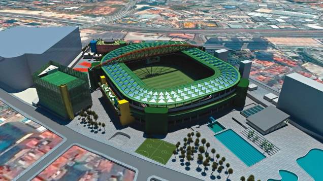Projeção artística do estádio: 250 camarotes, restaurante e arquibancada coberta Projeção artística do estádio: 250 camarotes, restaurante e arquibancada coberta