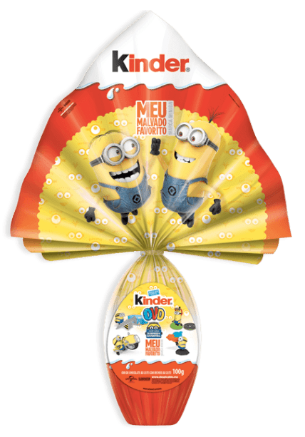 Ovo de páscoa Meu Malvado Favorito, da Kinder. Preço sugerido de venda: R$ 29,90 (100g). Dentro do ovo de chocolate ao leite, miniaturas dos Minions.