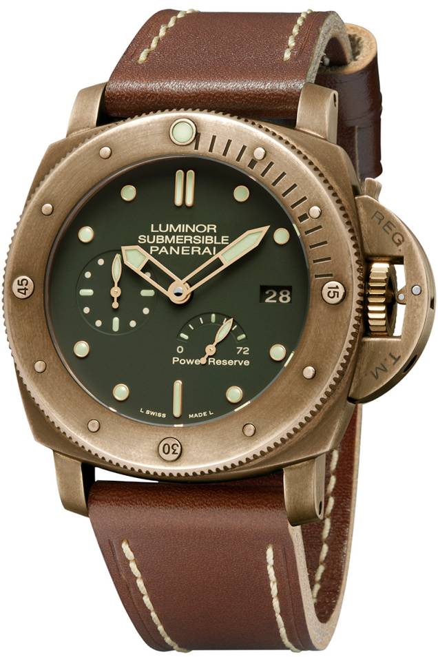 Frente do Luminor Submersible 1950 Automatic Bronzo (R$ 41 600,00): a Panerai foi a pioneira no uso do metal sujeito à oxidação Frente do Luminor Submersible 1950 Automatic Bronzo (R$ 41 600,00): a Panerai foi a pioneira no uso do metal sujeito à oxidação