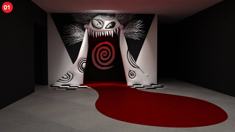 Entrada da exposi&ccedil;&atilde;o: visitantes s&atilde;o engolidos e levados a uma imers&atilde;o na criatividade de Tim Burton