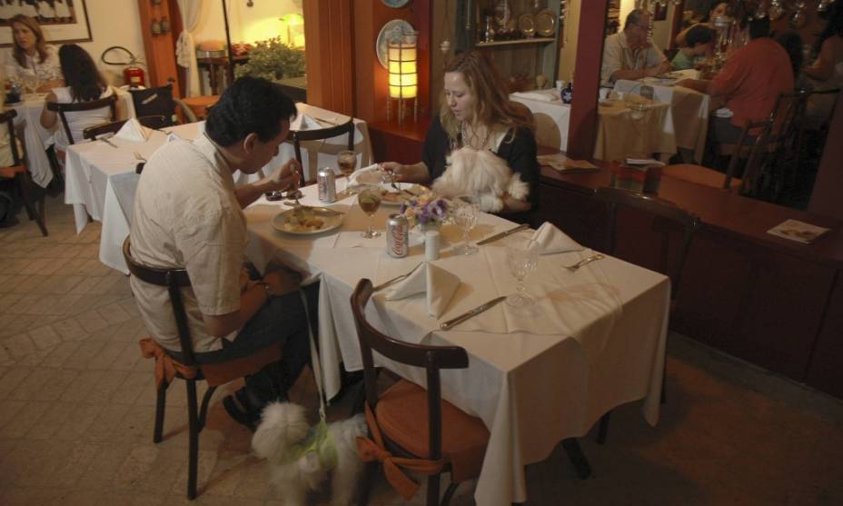 Clientes almoçando com seus cães no restaurante Farfalla Clientes almoçando com seus cães no restaurante Farfalla