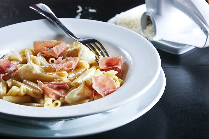 Penne de melão e presunto cru