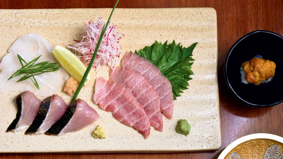 Sashimis de linguado, atum e carapau Sashimis de linguado, atum e carapau