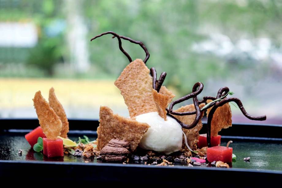 Chocolate em diferentes texturas com uma placa de praliné e servidas junto de sorvete de baunilha mais cubos de gelatina de morango fresco Chocolate em diferentes texturas com uma placa de praliné e servidas junto de sorvete de baunilha mais cubos de gelatina de morango fresco