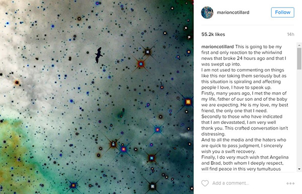 Após ser apontada como “pivô” em divórcio de Brad Pitt, Marion Cotillard publica desabafo
