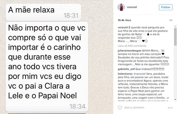 Vera Viel pergunta para a filha o que ela quer ganhar de presente neste Natal e resposta da menina emociona fãs