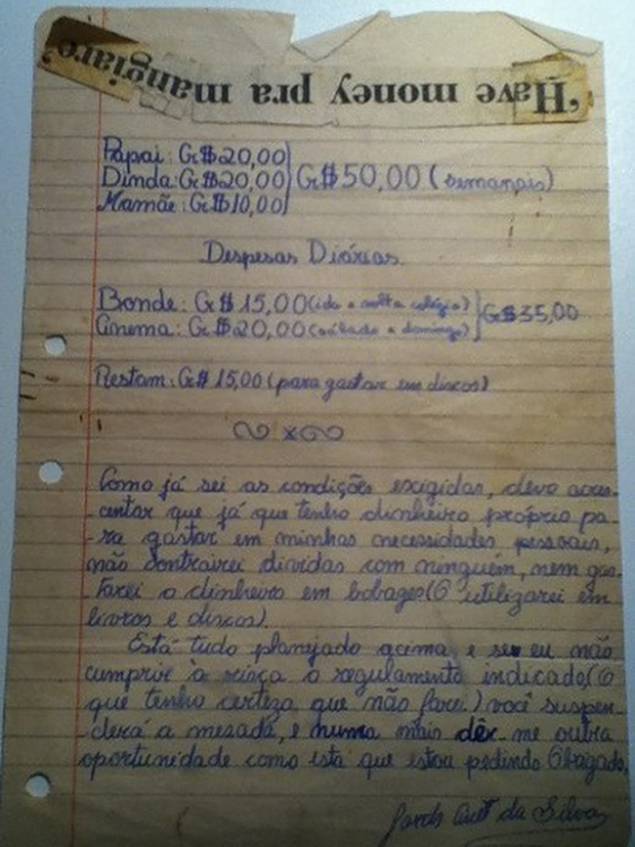 Carta de Macalé para seus pais e sua avó negociando a mesada Carta de Macalé para seus pais e sua avó negociando a mesada
