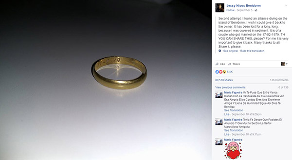 Mergulhadora devolve aliança de casamento perdida 37 anos atrás com a ajuda do Facebook