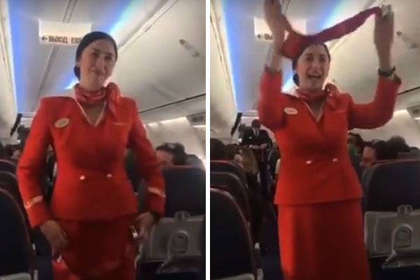 Aeromoça não consegue segurar o riso após brincadeira de passageiros durante instruções de segurança