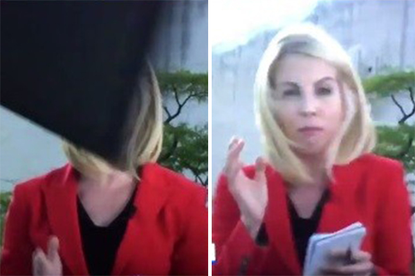 Jornalista escapa por um triz de ser atingida por equipamento de iluminação em reportagem ao vivo