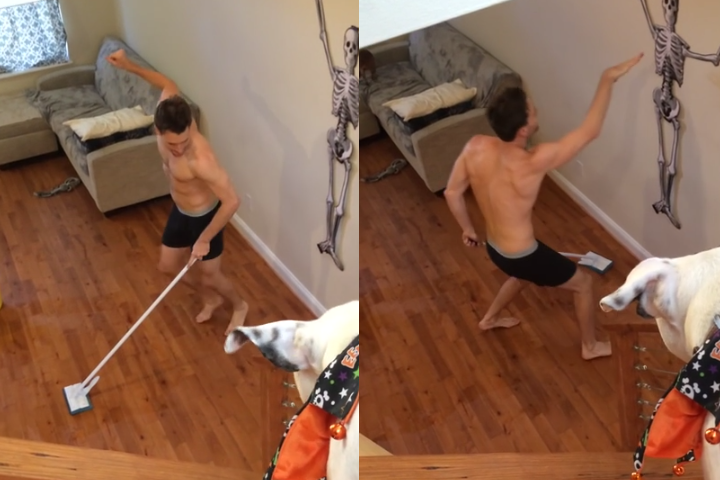Vídeo divertido mostra rapaz dançando só de cueca enquanto limpa a casa após uma festa