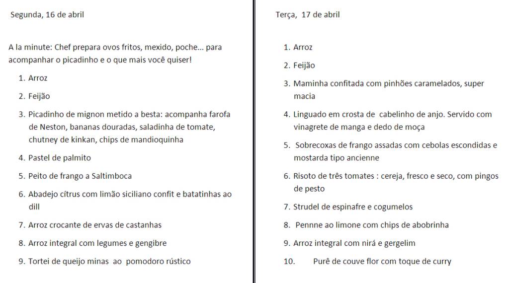 Cardápios do restaurante Bibi