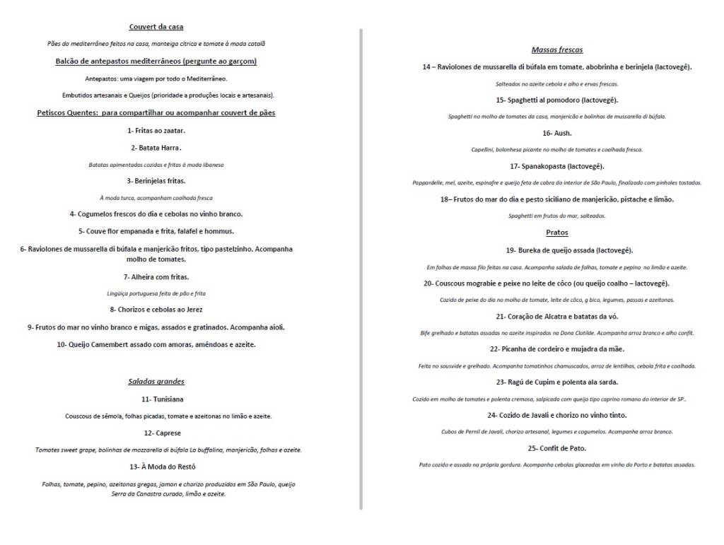 Menu de estreia do Restô Augusta