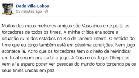 Treta do dia: Dado Villa-Lobos critica estádio de futebol e irrita torcedores na web
