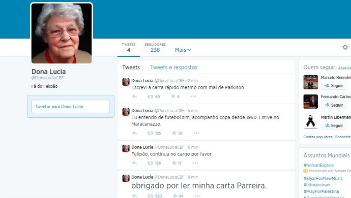 Coletiva de Felipão vira piada na internet e até Dona Lúcia, a fã do técnico, ganha perfil no Twitter