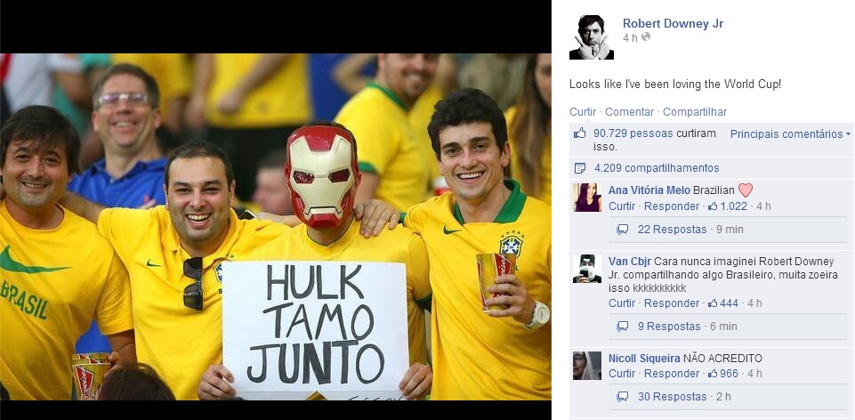 Robert Downey Jr faz “homenagem” ao atacante Hulk no Facebook