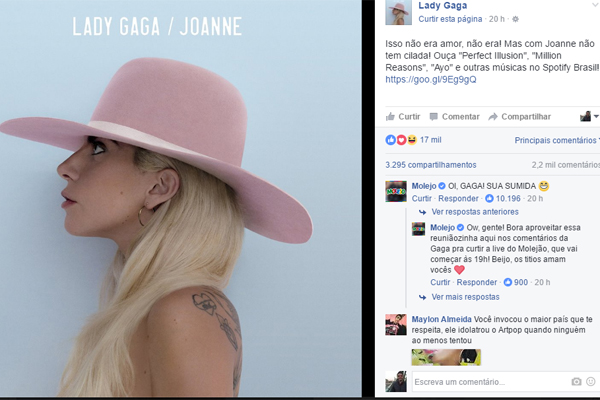Lady Gaga faz post em português com referência ao Molejo e grupo de pagode responde