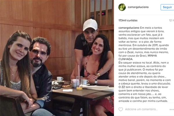 Após polêmica, Luciano sai em defesa de Zezé e de cunhada em post no Instagram
