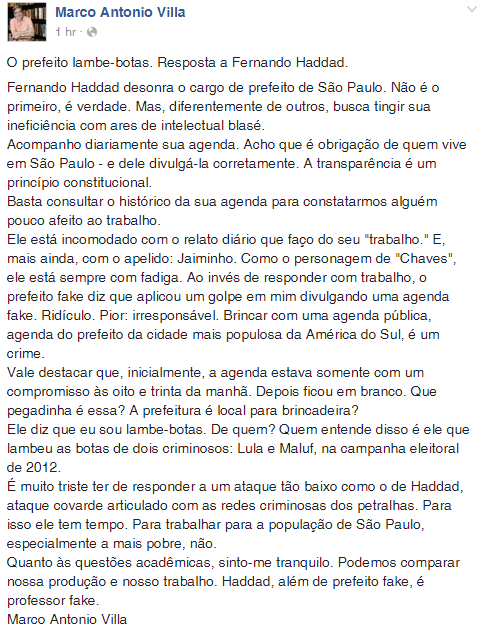 Haddad perde tempo pregando peça no historiador Marco Antonio Villa e caso repercute na internet