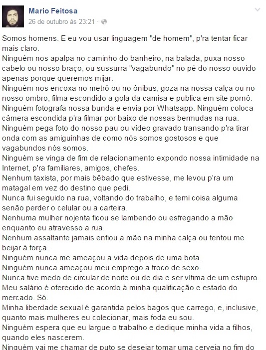 Músico posta texto contra o machismo no Facebook e faz sucesso na rede
