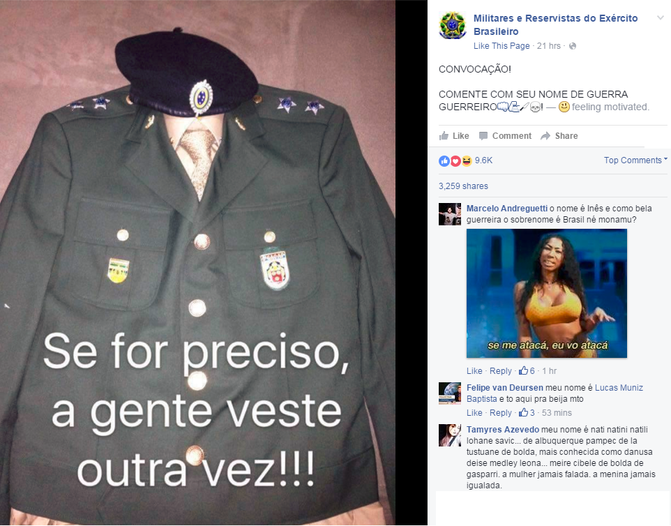 Página convoca militares e reservistas para “guerra”… e a internet não perdoa