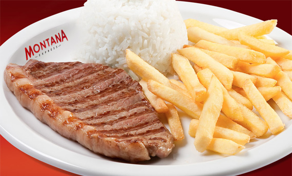Picanha acompanhada de arroz branco e batata frita