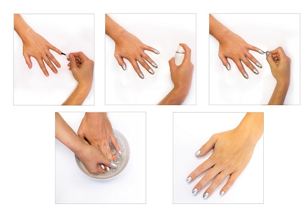 O passo a passo para aplicar o esmalte em spray (Foto: Divulgação/Nails Inc)