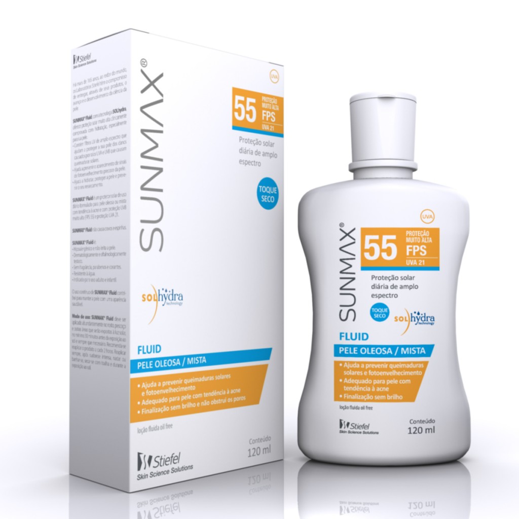 Sunmax Fluid FPS 55. Preço sugerido: 60ml - R$ 54,90 / 120ml – R$ 72,90.