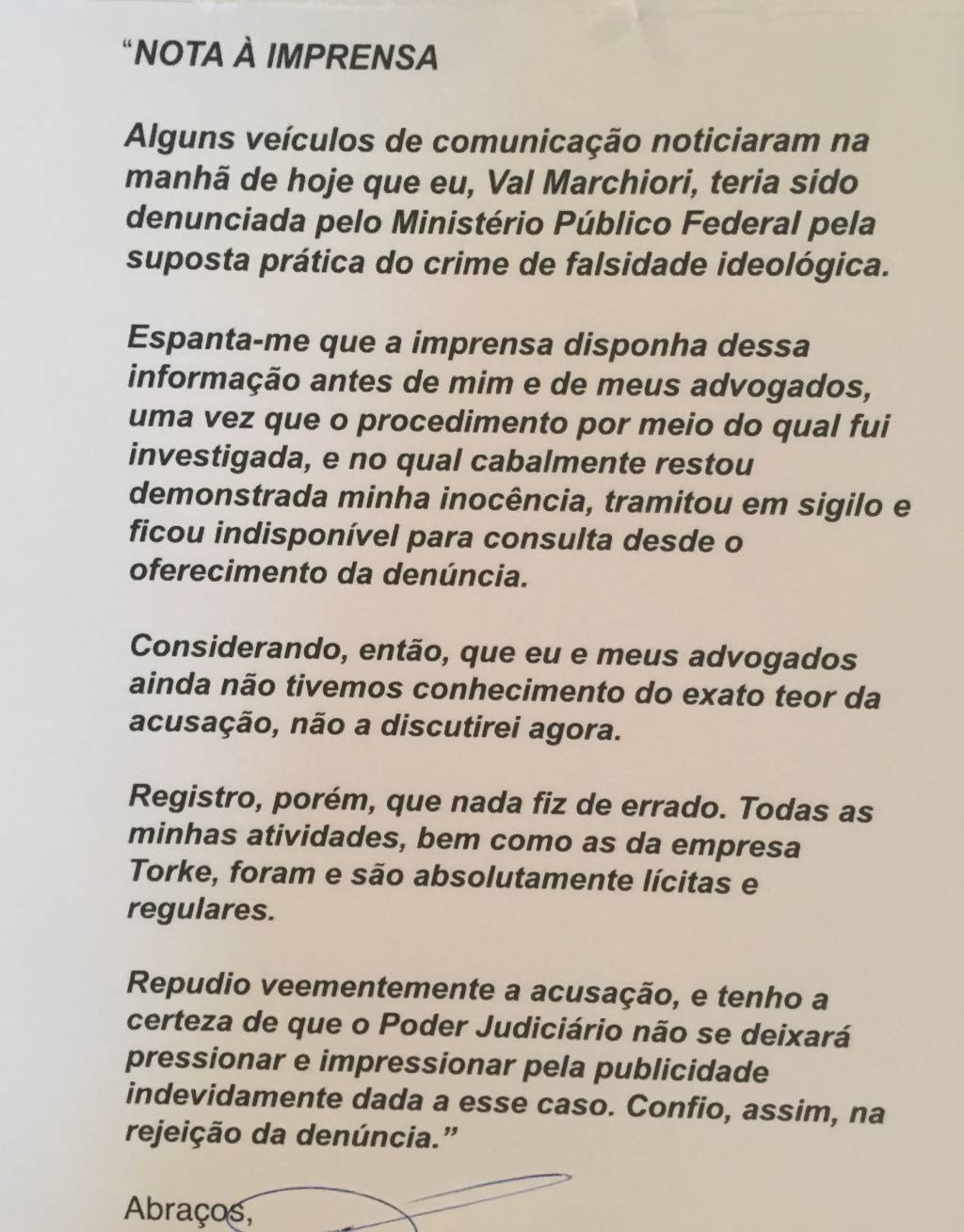 Empréstimo de Val Marchiori será investigado pelo Ministério Público Federal