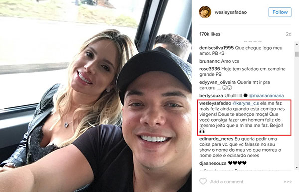 Após comentários, Wesley Safadão responde seguidor que criticou Thyane Dantas