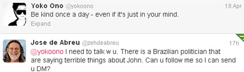 Viu essa? No Twitter, José de Abreu pede ajuda a Yoko Ono contra pastor Marco Feliciano