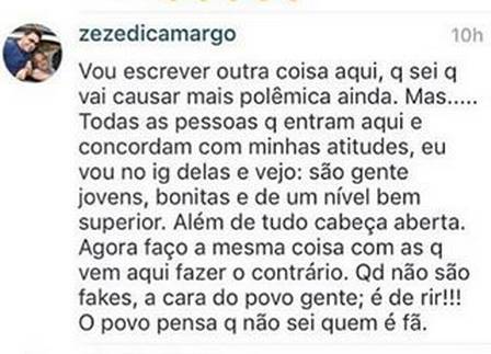 De volta ao Instagram, Zezé di Camargo enfurece fãs com declaração polêmica