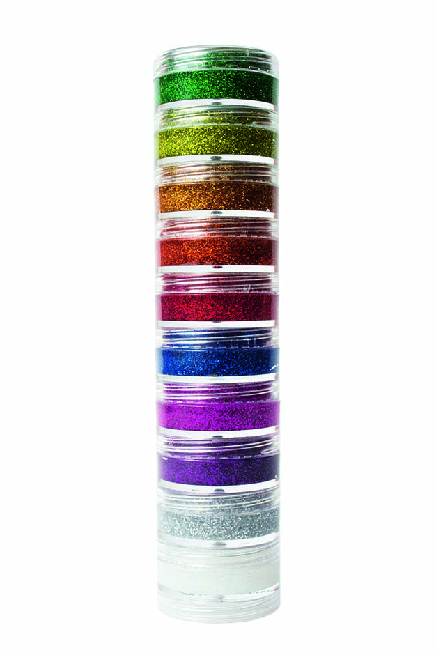 Kit com dez cores de glitter cremoso. R$ 14,20