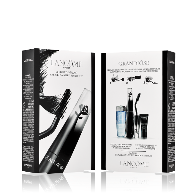 R$ 189,00. Kit Coffret Grandiouse, com fmáscara para cílios, corretivo e  demaquilante bifásico. Lancôme.