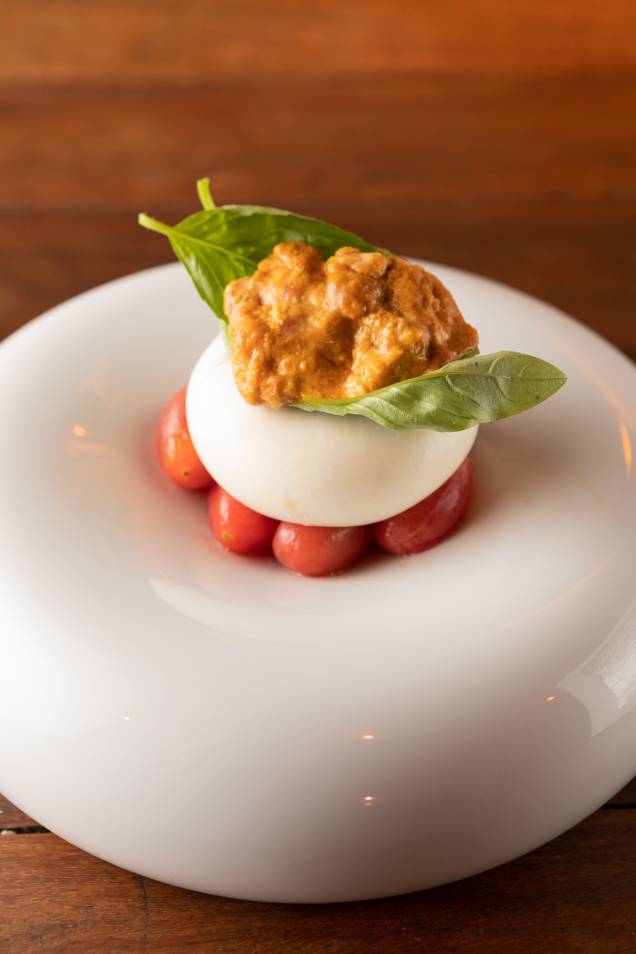 Simples, mas memorável: ouriço-do-mar sobre folha de manjericão, burrata e tomatinhos Simples, mas memorável: ouriço-do-mar sobre folha de manjericão, burrata e tomatinhos