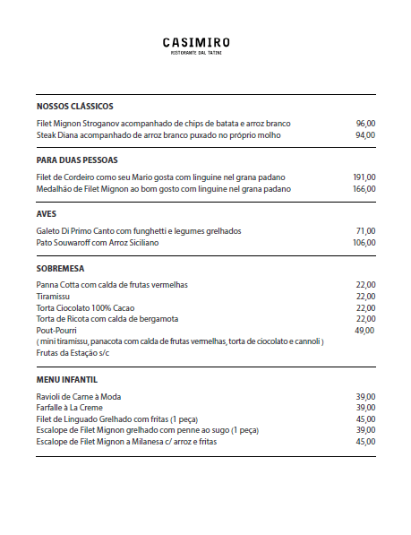 Casimiro – Menu