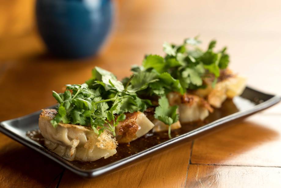 Porção de guioza: recheada de porco, vem coberto de folhas de coentro e molho de pimenta, shoyu e vinagre Porção de guioza: recheada de porco, vem coberto de folhas de coentro e molho de pimenta, shoyu e vinagre