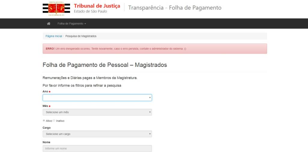 Site de Transparência do Tribunal de Justiça está em pane há um mês
