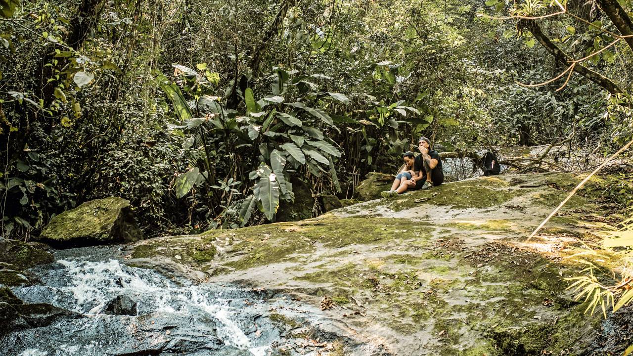 A imagem mostra um rio no Parque Estadual da Cantareira