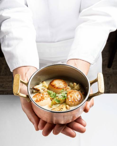 Vieira em creme de couve-flor: oferecida no Bistrot Parigi Vieira em creme de couve-flor: oferecida no Bistrot Parigi