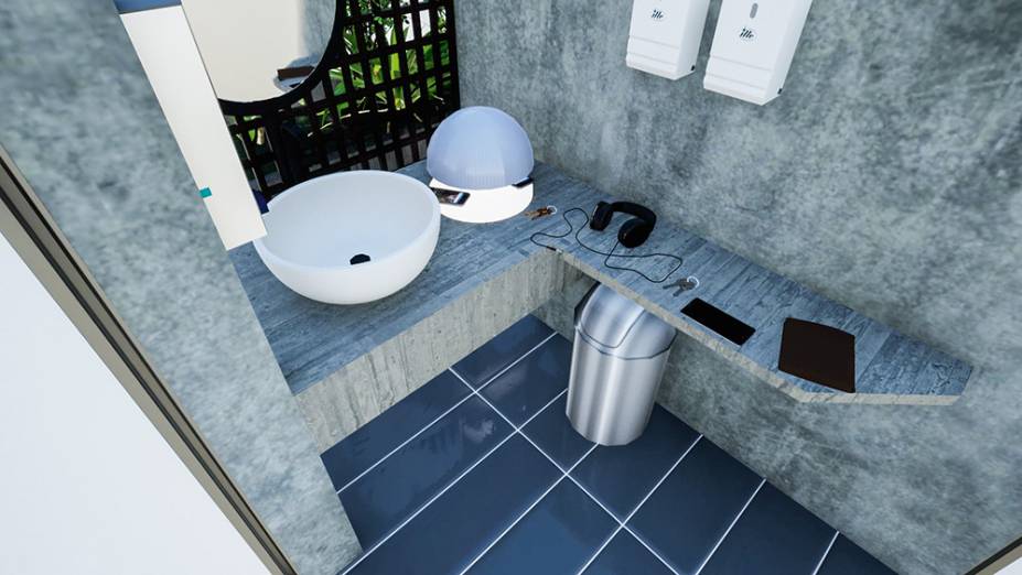 Área externa de higienização e local para descontaminação, onde deixar sapatos e objetos Área externa de higienização e local para descontaminação, onde deixar sapatos e objetos