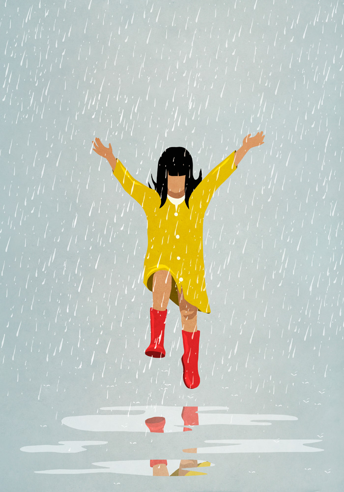 Criança pulando na chuva, felicidade, saúde mental Criança pulando na chuva, felicidade, saúde mental