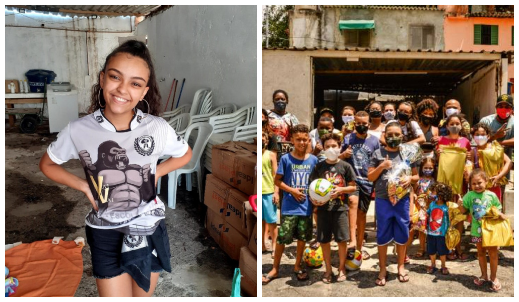 Duda e crianças com presentes: ação solidária na Vai-Vai