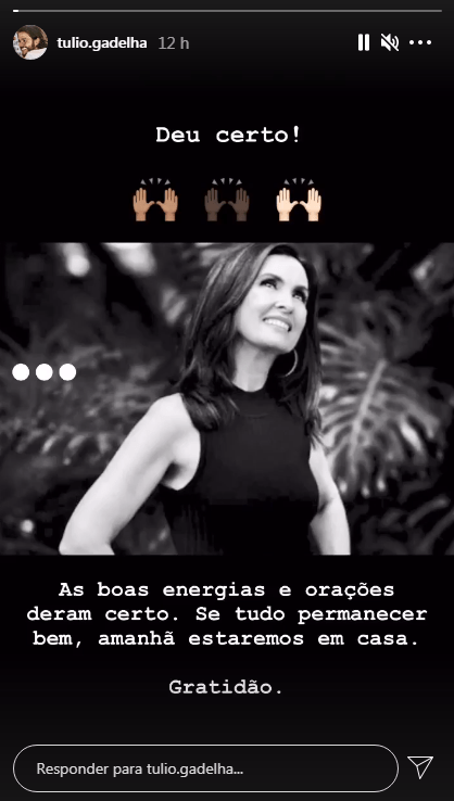 Fatima Bernardes Tulio Gadelha post Post: Túlio agradece as energias positivas