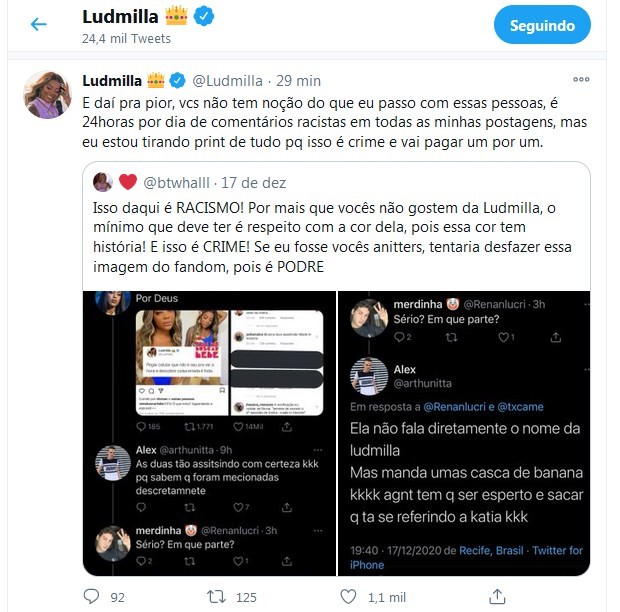 Ludmilla Tweet de Ludmilla sobre o caso