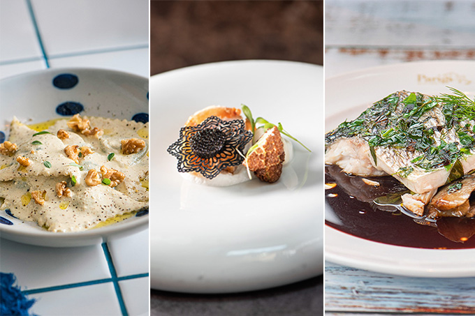 Em ordem: pansote do Lido Amici di Amici, porchetta do Evvai e robalo ao molho de vinho do Bistrot Parigi